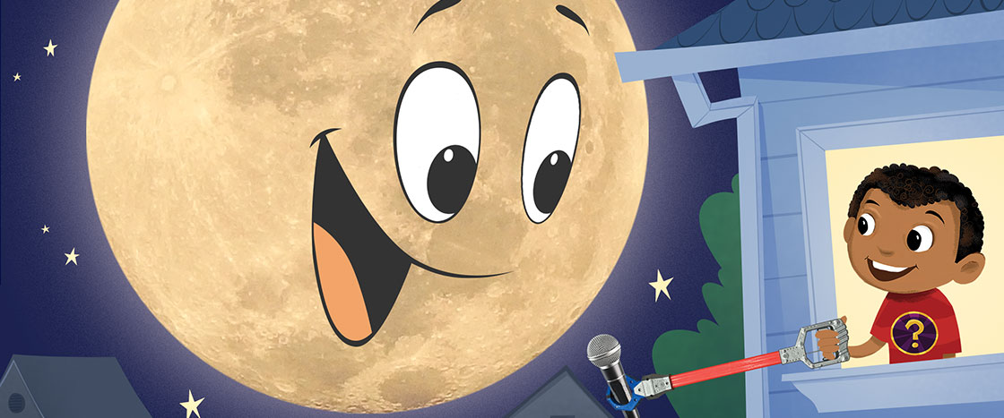 Question Mark holding a microphone up for the Moon to speak into