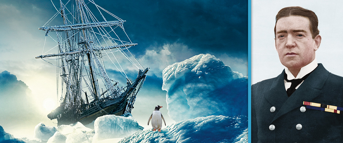 Image of a ship sailing through icy waters and colorized photo of ship captain