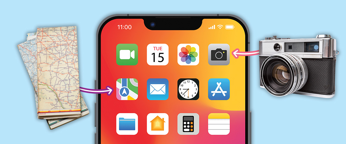 Image of a phone with an icon showing actual map and icon showing an actual camera