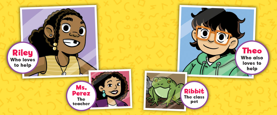 Comic introducing main characters, Riley, Theo, Ms. Perez, and Ribbit (class pet)