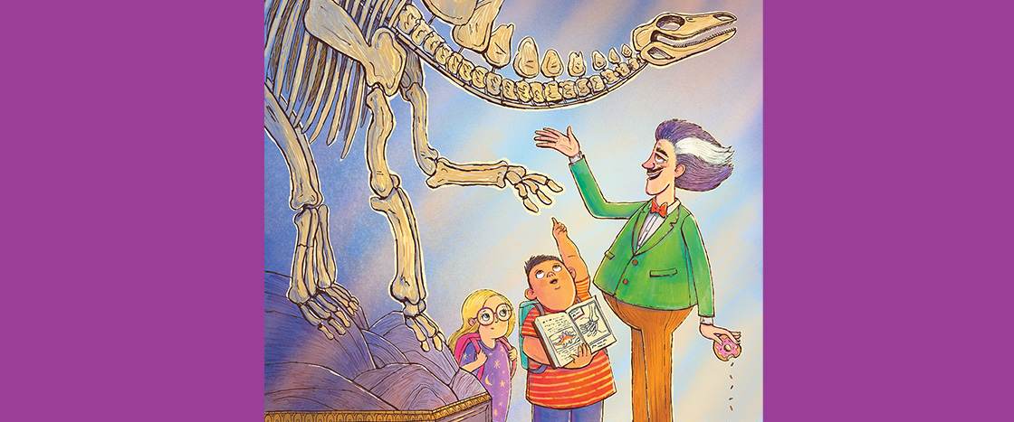 Illustration of students at museum looking at a dinosaur skeleton on display