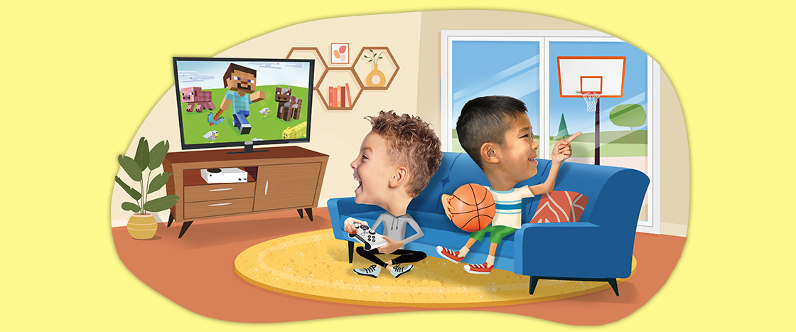 Image of two friends, one wanting to play videogames and the other basketball