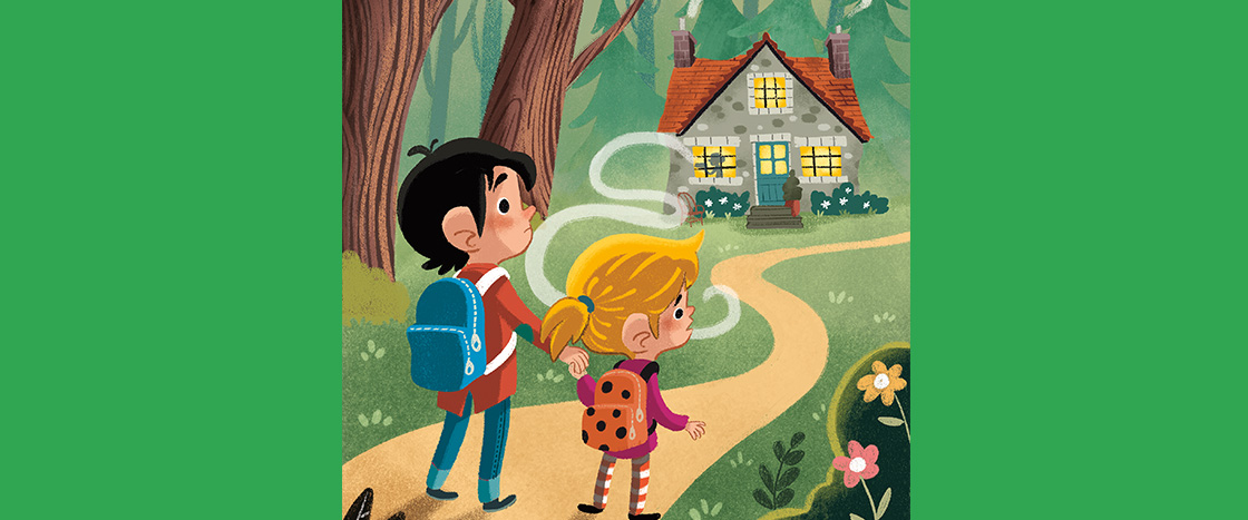 Illustration of two kids finding a house in the woods