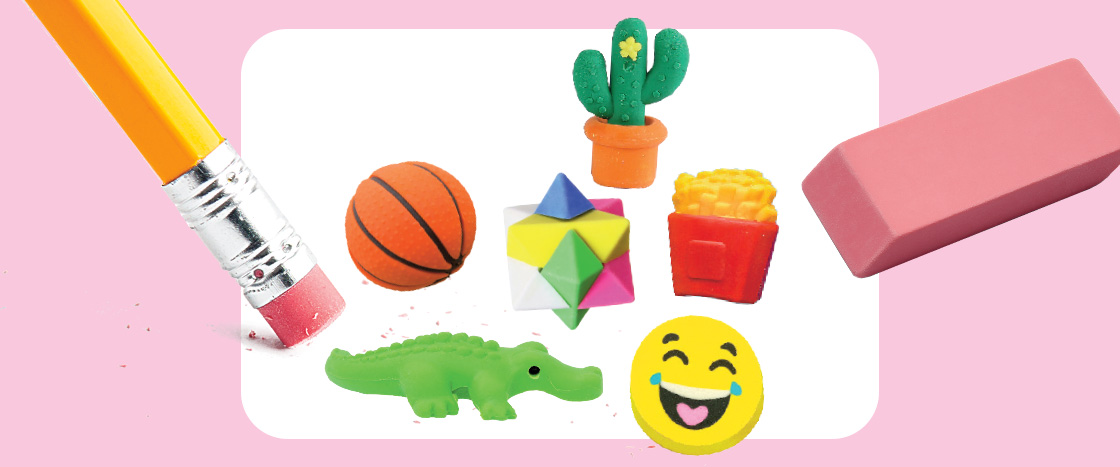 Image of erasers in the shape of french fries, cactus, basketball, alligator