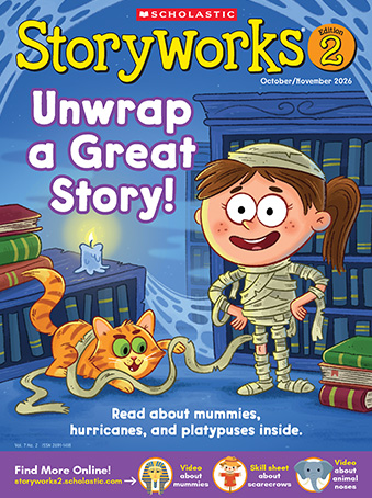 Cover of Storyworks Edition 2, a girl dressed as a mummy stands next to a cat wrapped in bandages