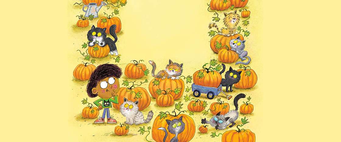 A child stands among many pumpkins surrounded by a group of cats with glowing eyes