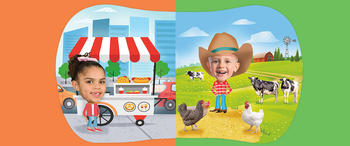 Two cartoon children, one beside a city food cart and one on a farm with cows and chickens