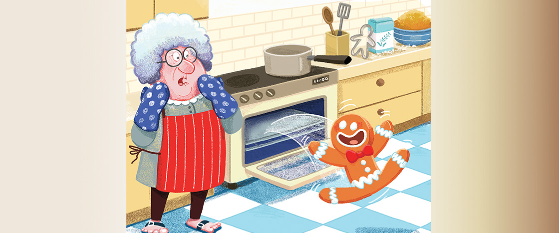 Illustration of the gingerbread man jumping out of the oven and an older shocked woman watching